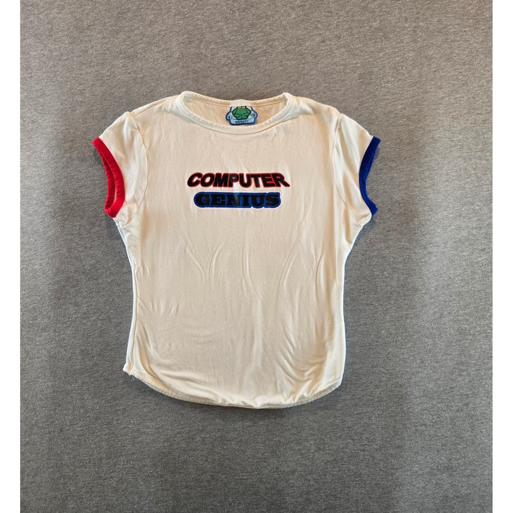 OMIGHTY Computer Genius Baby Tee Women Medium Cream Y2K Graphic Cap Sleeve